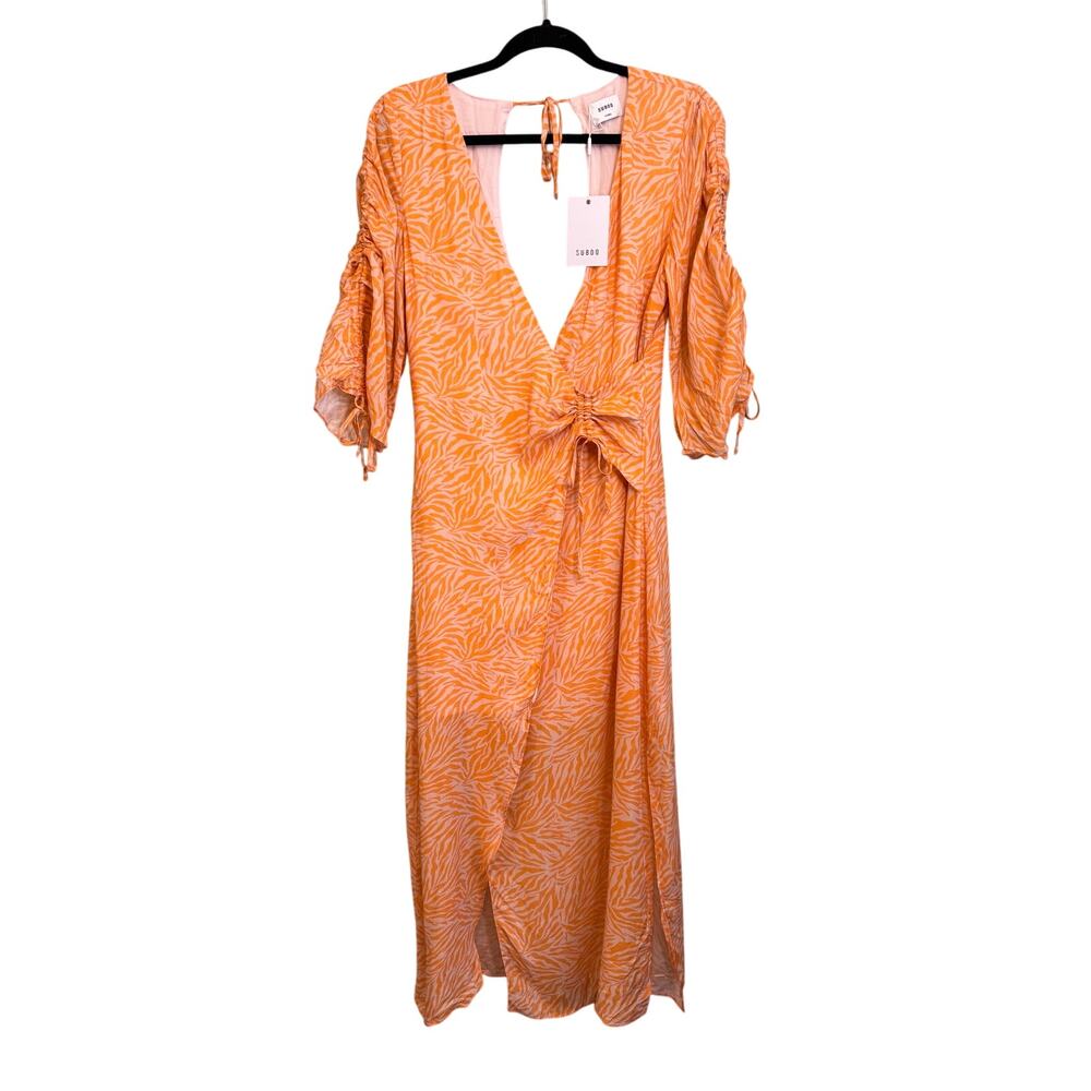Suboo Sienna Wrap Dress Womens XS Orange Surplice V-Neck Ruched Slit Midi NWT